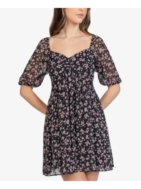 B DARLIN Womens Black Zippered Pleated Sheer Floral Pouf Sleeve Sweetheart Neckline Mini Party Fit   Flare Dress