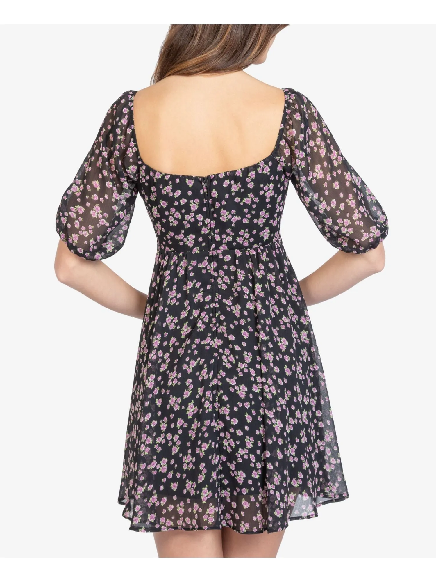 B DARLIN Womens Black Zippered Pleated Sheer Floral Pouf Sleeve Sweetheart Neckline Mini Party Fit   Flare Dress