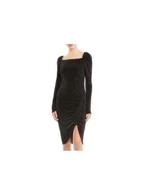 BAILEY44 Womens Black Stretch Metallic Ruched Slitted Pouf Sleeve Square Neck Below The Knee Cocktail Body Con Dress