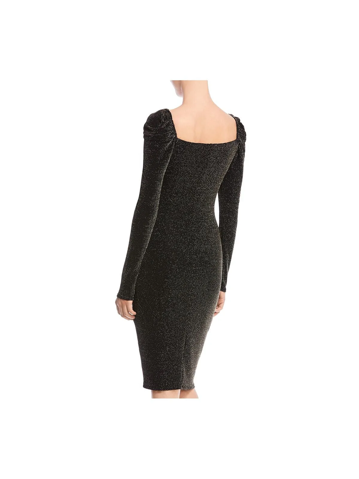BAILEY44 Womens Black Stretch Metallic Ruched Slitted Pouf Sleeve Square Neck Below The Knee Cocktail Body Con Dress