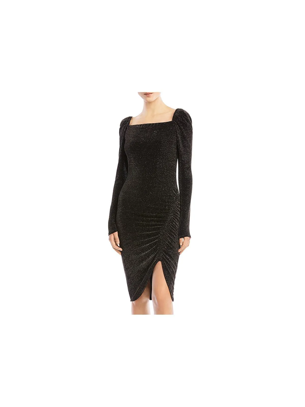 BAILEY44 Womens Black Stretch Metallic Ruched Slitted Pouf Sleeve Square Neck Below The Knee Cocktail Body Con Dress
