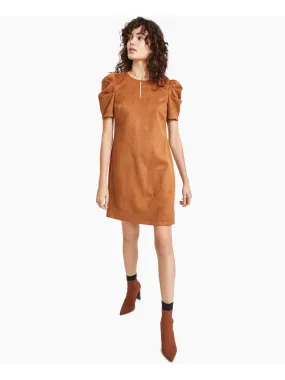 BAR III Womens Brown Zippered Pouf Sleeve Round Neck Above The Knee Party Shift Dress