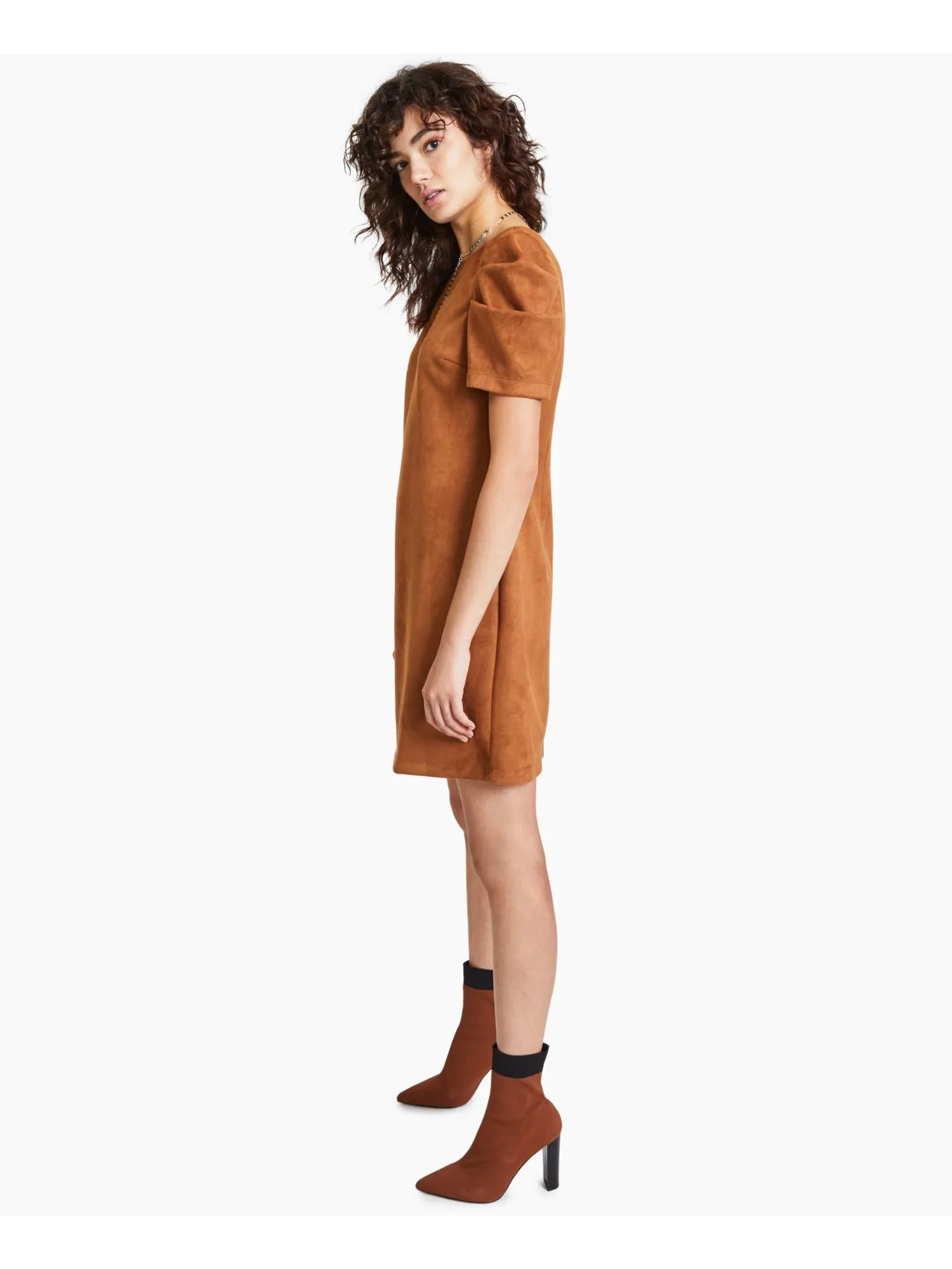 BAR III Womens Brown Zippered Pouf Sleeve Round Neck Above The Knee Party Shift Dress