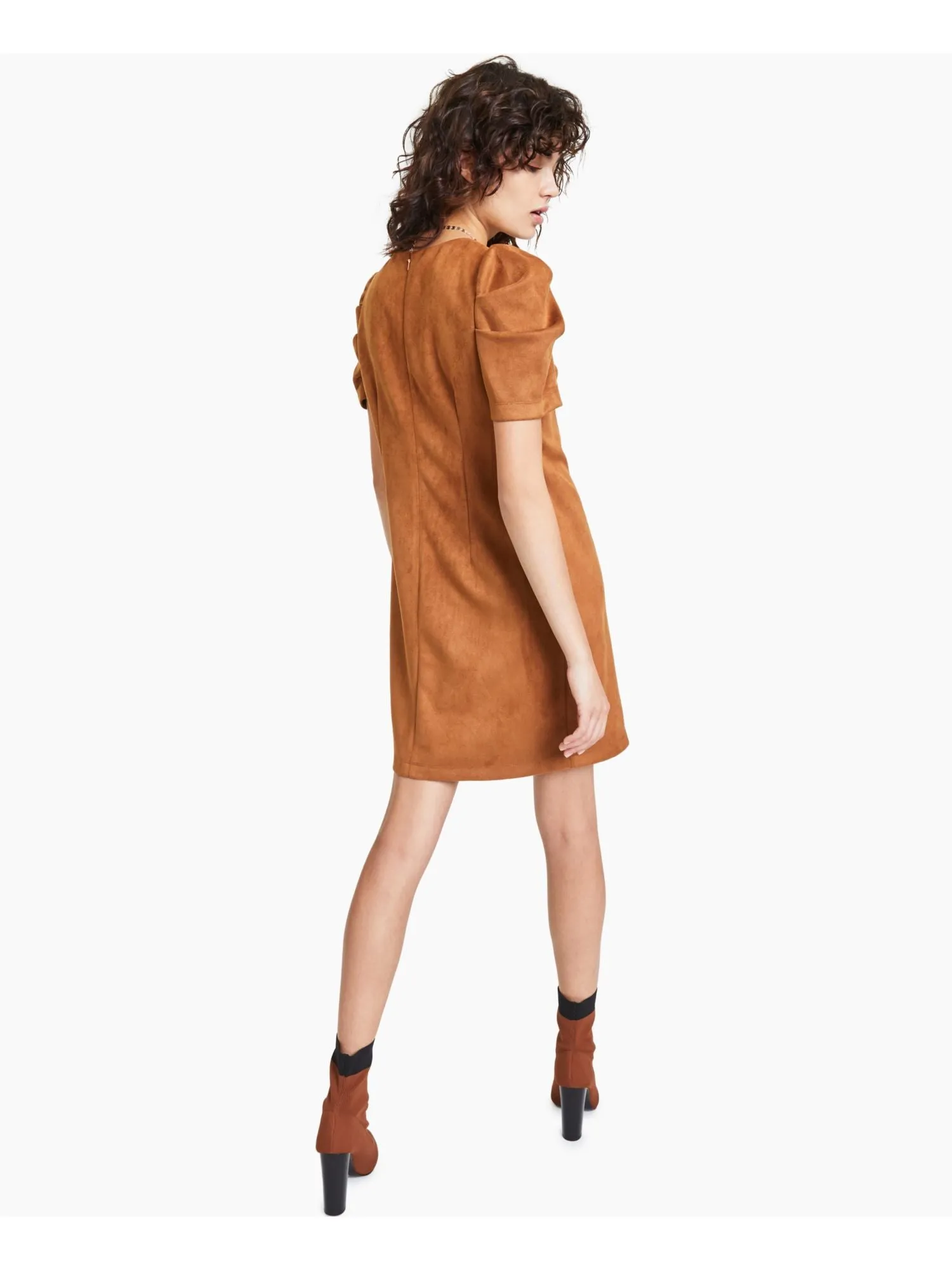 BAR III Womens Brown Zippered Pouf Sleeve Round Neck Above The Knee Party Shift Dress