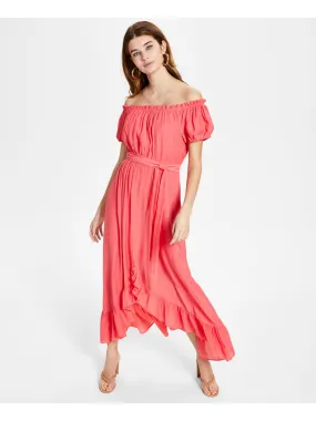 BAR III Womens Coral Ruffled Textured Tie Waist Pullover Pouf Sleeve Off Shoulder Maxi Hi-Lo Dress
