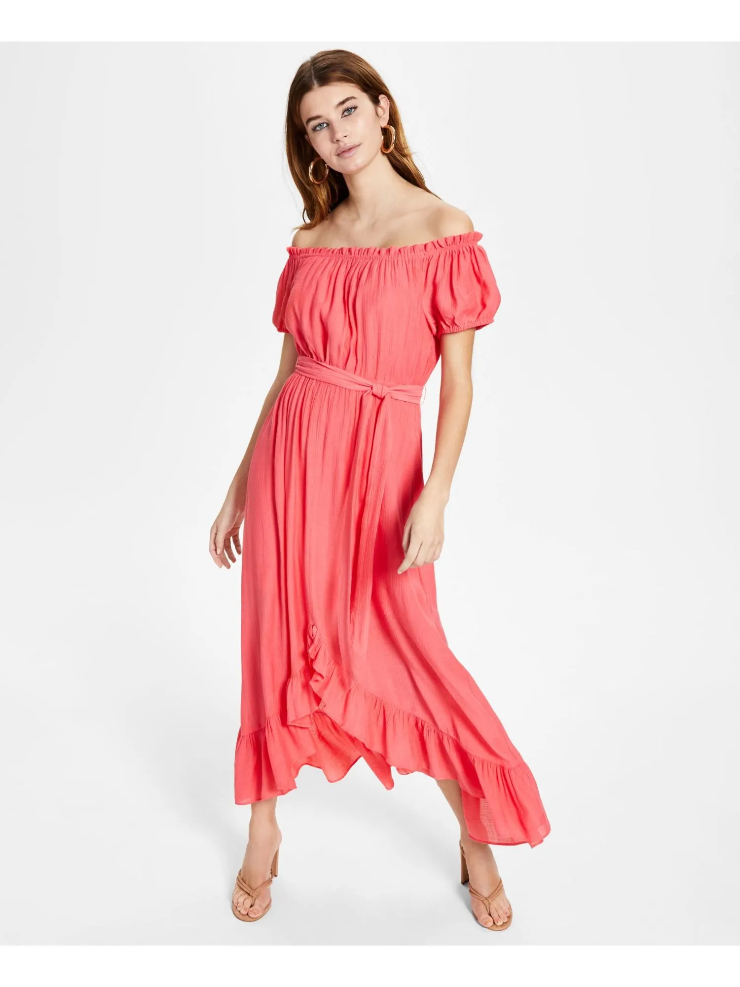 BAR III Womens Coral Ruffled Textured Tie Waist Pullover Pouf Sleeve Off Shoulder Maxi Hi-Lo Dress