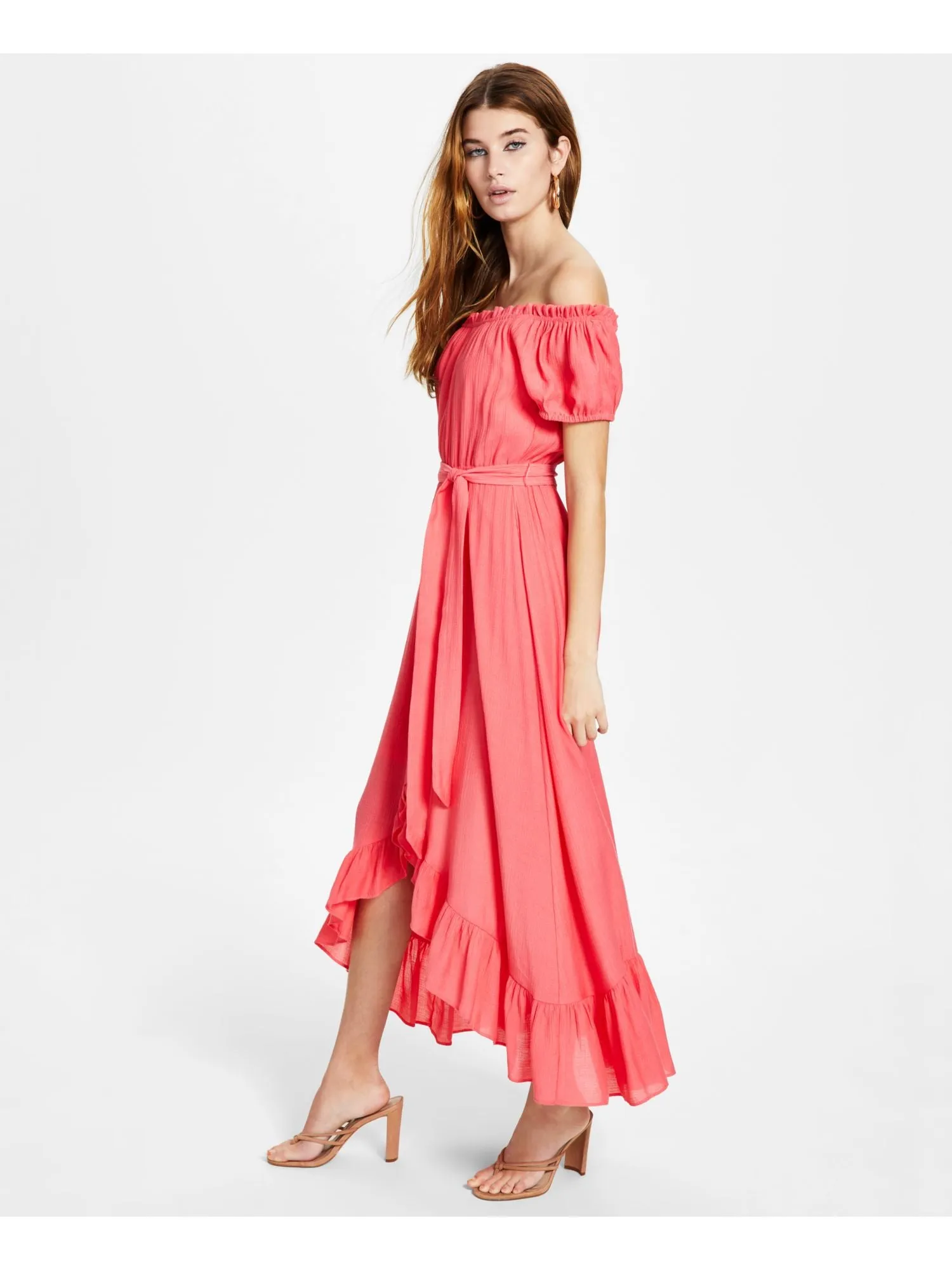 BAR III Womens Coral Ruffled Textured Tie Waist Pullover Pouf Sleeve Off Shoulder Maxi Hi-Lo Dress