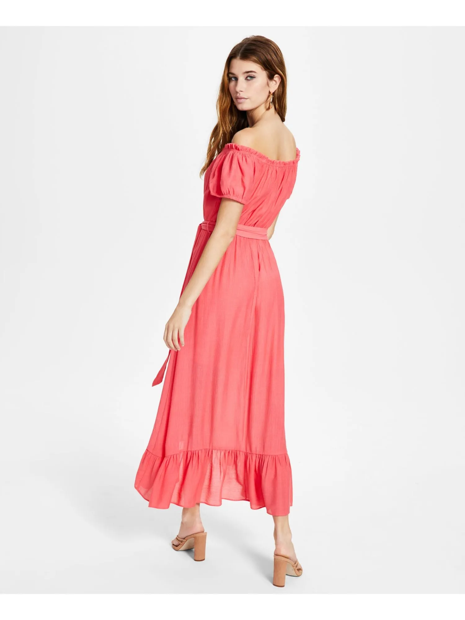 BAR III Womens Coral Ruffled Textured Tie Waist Pullover Pouf Sleeve Off Shoulder Maxi Hi-Lo Dress