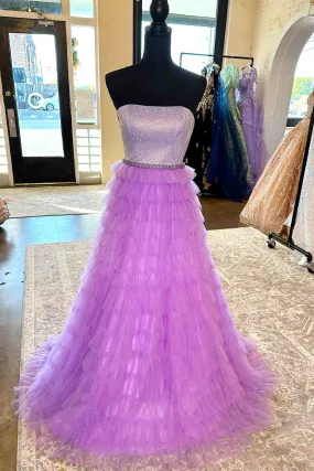 kamahe A-Line Strapless Lilac Layered Long Prom Dress with Rhinestones