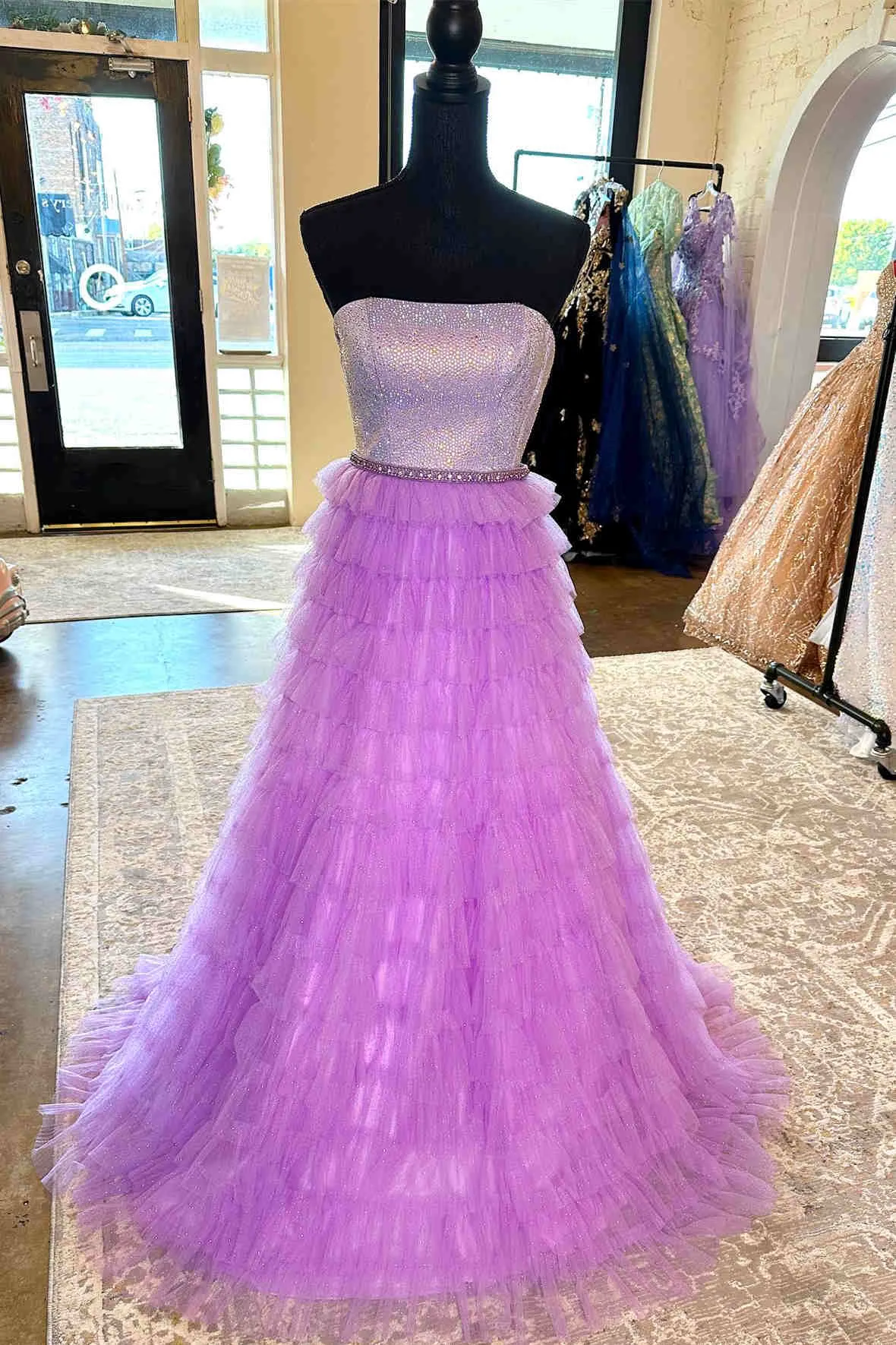 kamahe A-Line Strapless Lilac Layered Long Prom Dress with Rhinestones