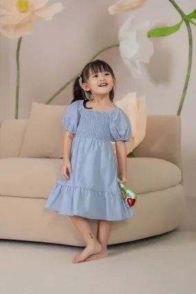 Mini Diana Pouf Sleeves Smocked Drophem Dress in Sky (Kids)