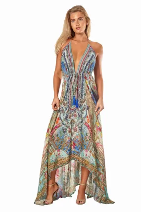 Queens Garden High-Low Halter Handkerchief Long Dress for Beach Party