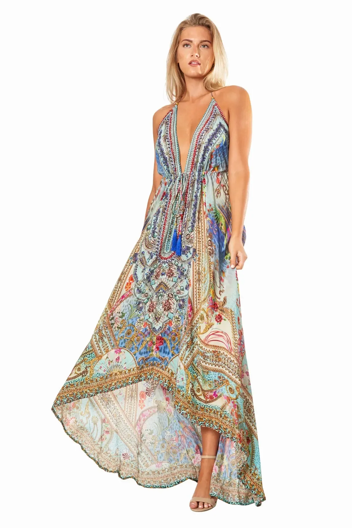 Queens Garden High-Low Halter Handkerchief Long Dress for Beach Party