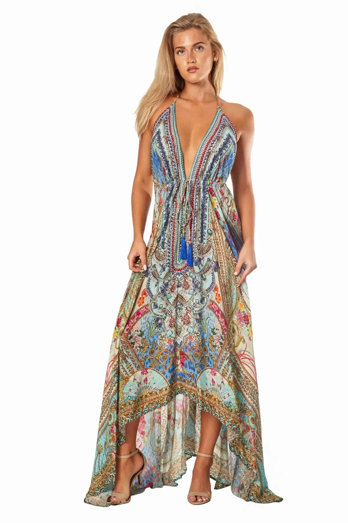Queens Garden High-Low Halter Handkerchief Long Dress for Beach Party