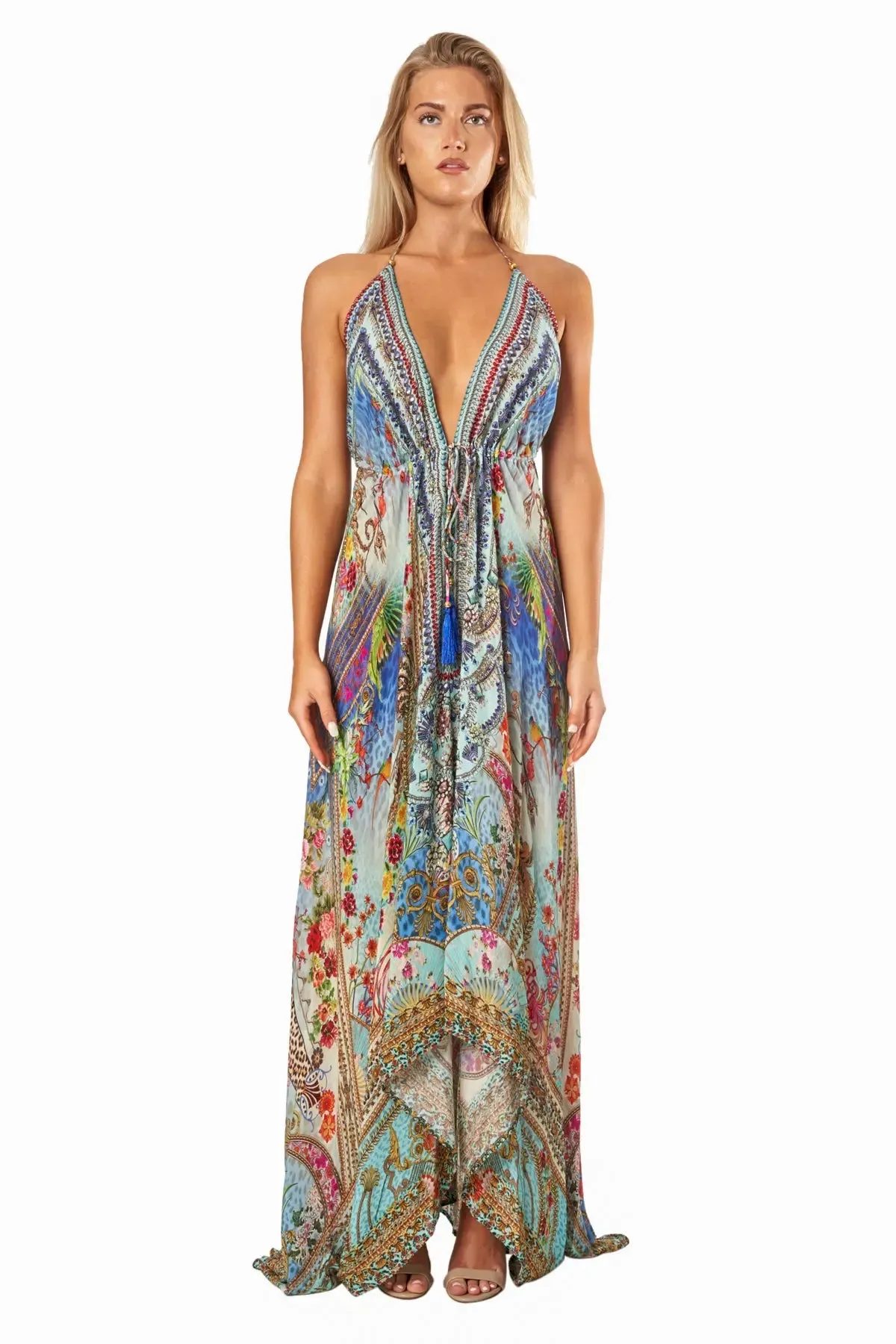 Queens Garden High-Low Halter Handkerchief Long Dress for Beach Party