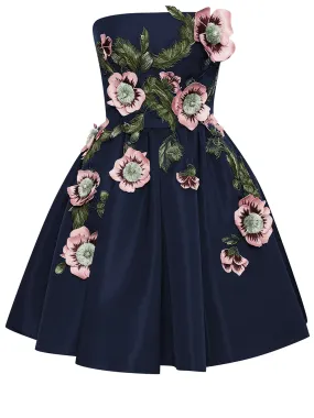 Strapless Hibiscus Embroidered Cocktail Dress