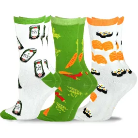 TeeHee Socks Women's Novelty Cotton Crew Sushi and Beer Can 3-Pack (11436)