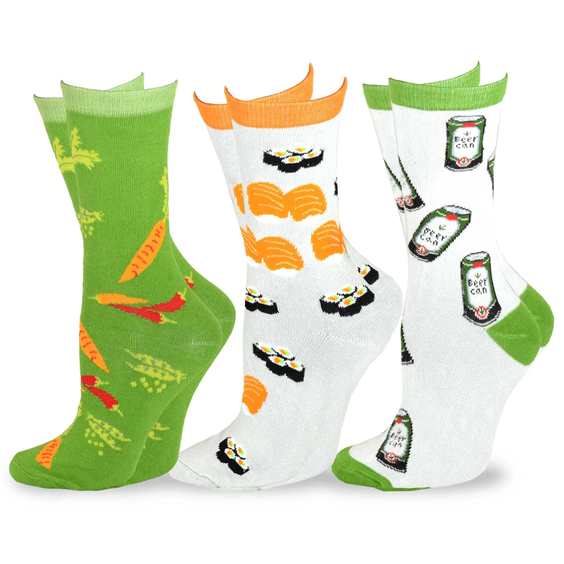 TeeHee Socks Women's Novelty Cotton Crew Sushi and Beer Can 3-Pack (11436)